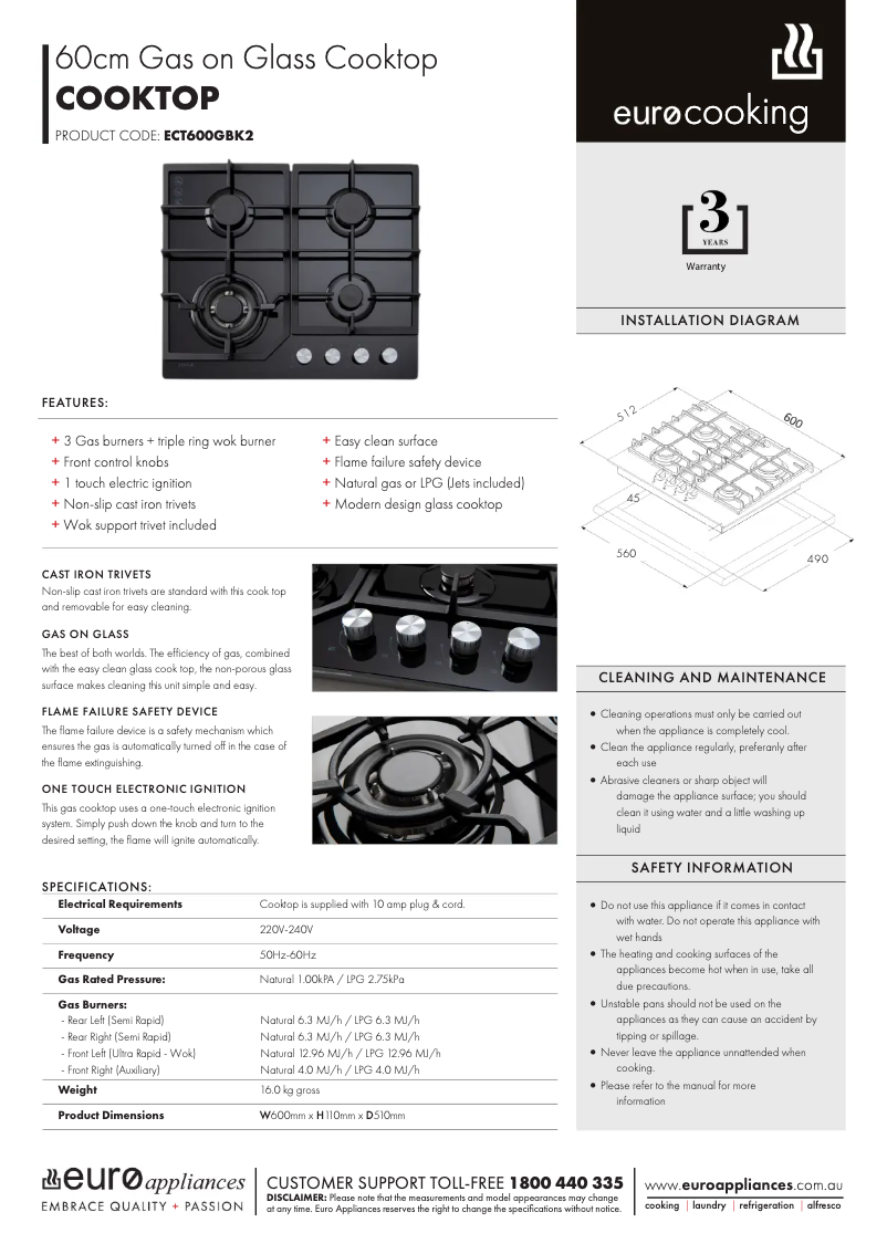 Page n°1 - Fiche technique Euro Appliances ECT600GBK2