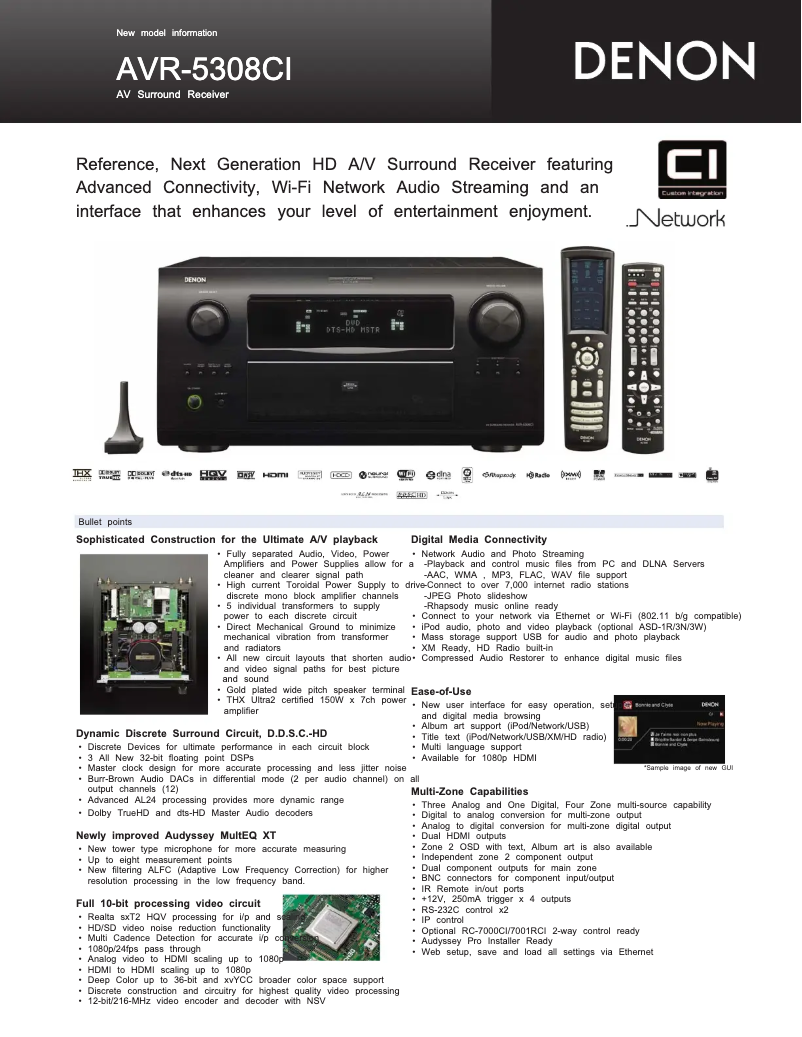Page 1 de la notice Fiche technique Denon AVR-5308CI