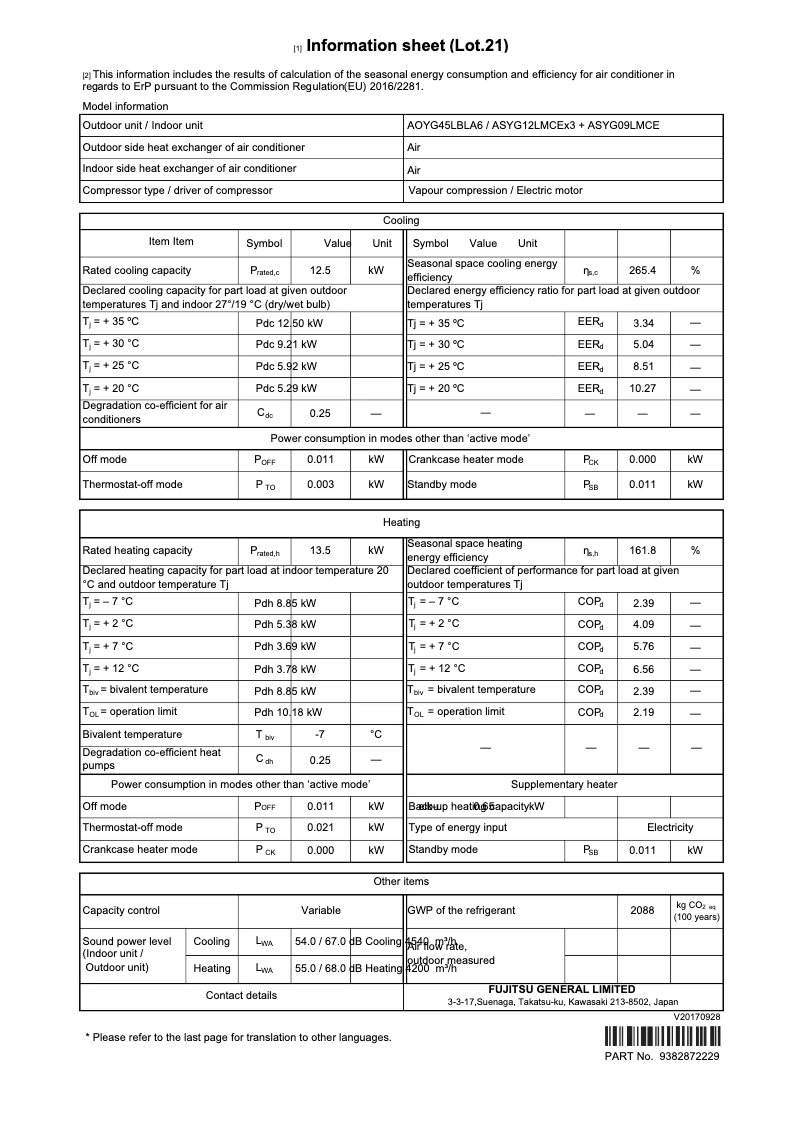 Page 1 de la notice Fiche technique Fujitsu AOYG45LBLA6