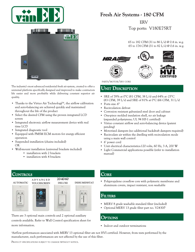 Page 1 de la notice Fiche technique vänEE V180E75RT