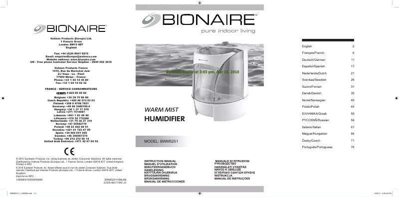 Página 1 del manual Manual de usuario Bionaire BWM5251