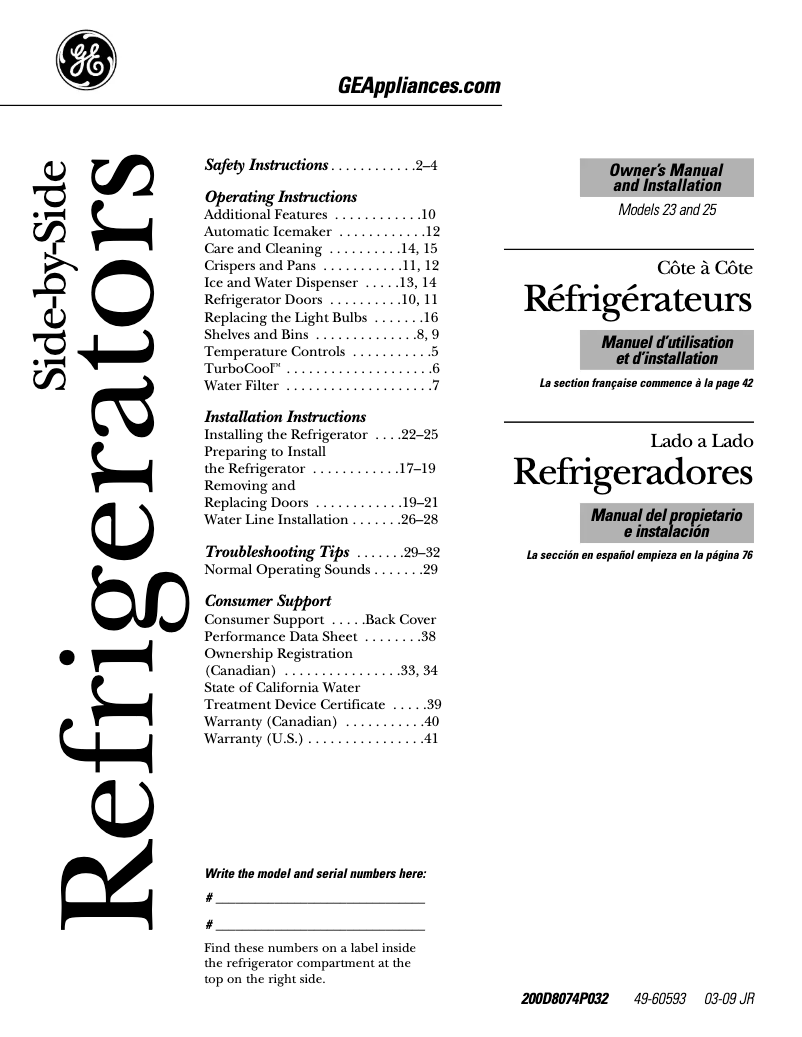 Page 1 de la notice Manuel d'utilisation et d'entretien GE GSS25WSTSS