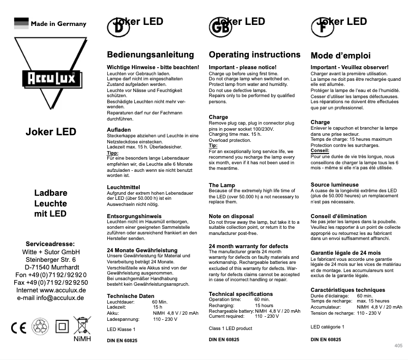 Page 1 de la notice Manuel utilisateur AccuLux Joker LED