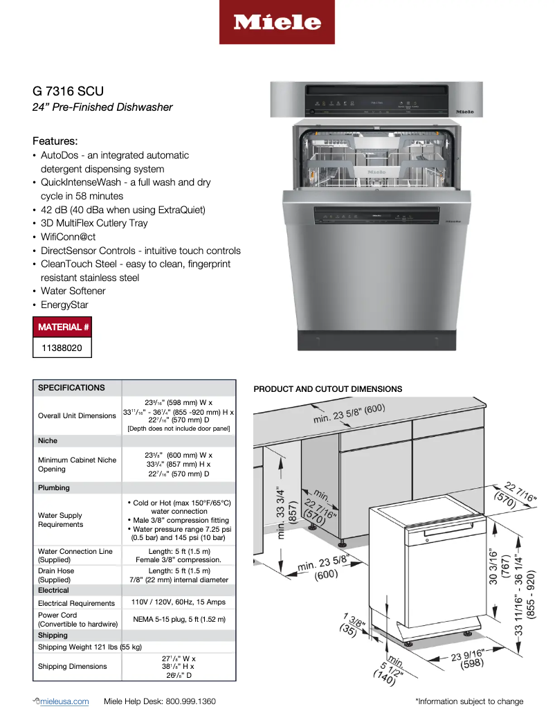 Page 1 de la notice Fiche technique Miele G 7316 SCU