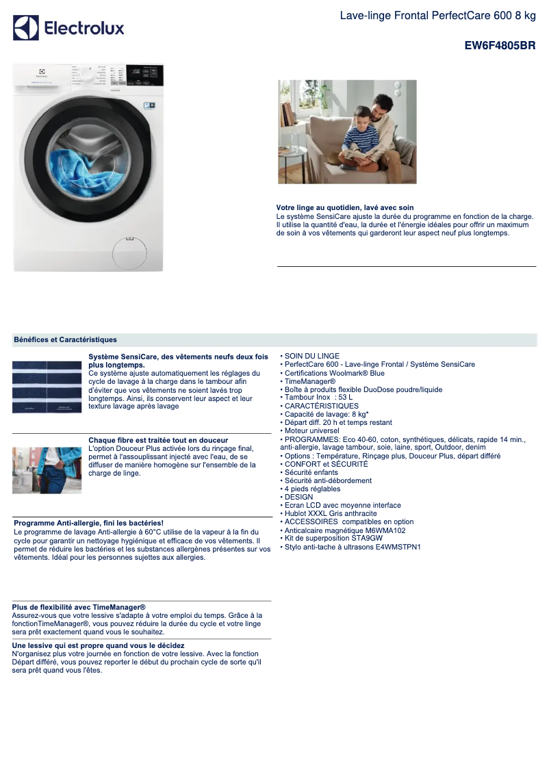 Page 1 de la notice Fiche technique Electrolux EW6F4805BR