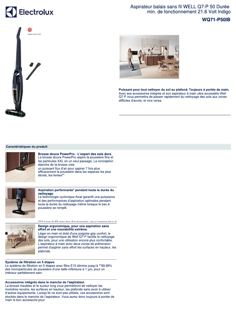 Page 1 de la notice Fiche technique Electrolux WELL Q7-P WQ71-P50IB
