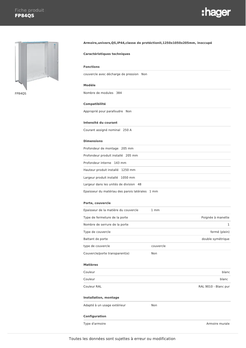 Page n°1 - Manuel utilisateur Hager FP84QS