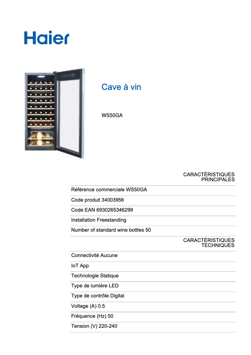 Page 1 de la notice Fiche technique Haier WS50GA
