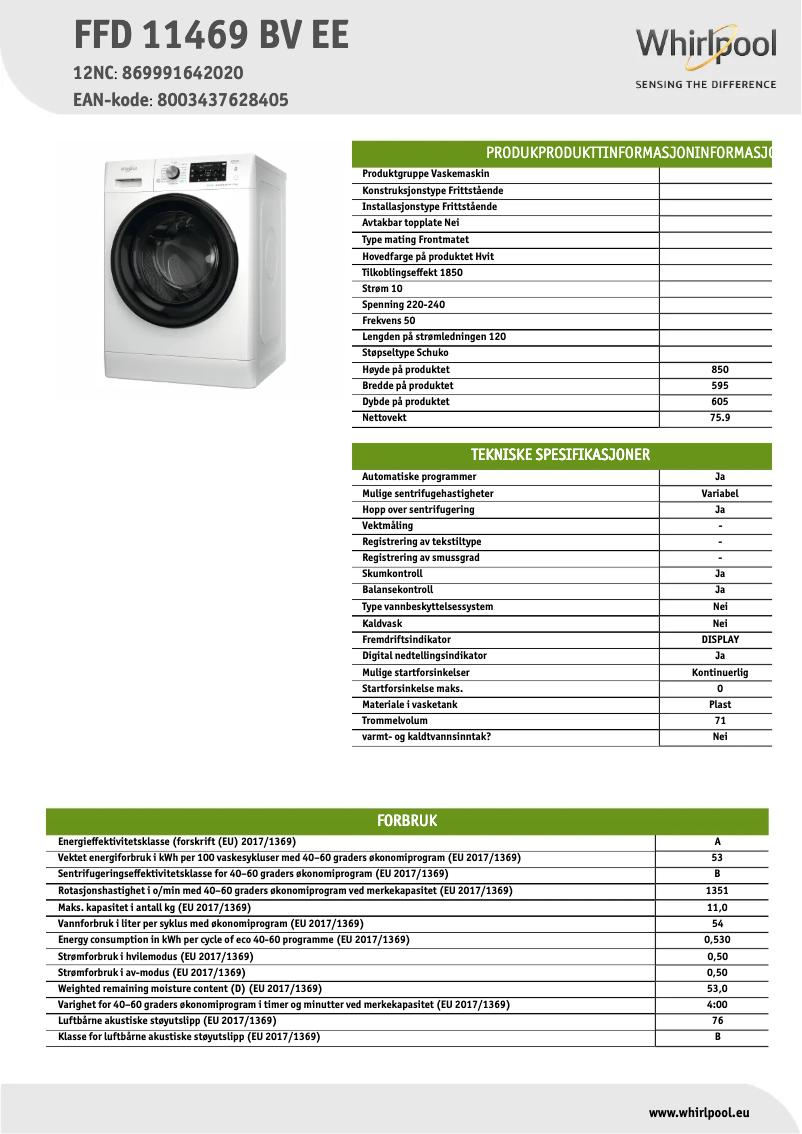 Page 1 de la notice Fiche technique Whirlpool FFD 11469 BV EE