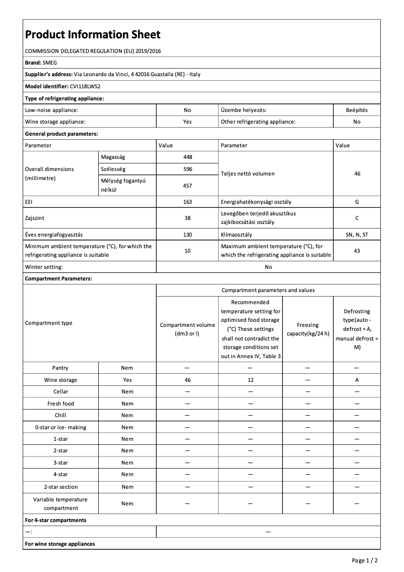 Page 1 de la notice Fiche technique Smeg CVI118LWS2