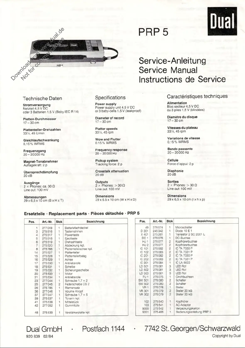 Image de la première page du manuel de l'appareil PRP 5