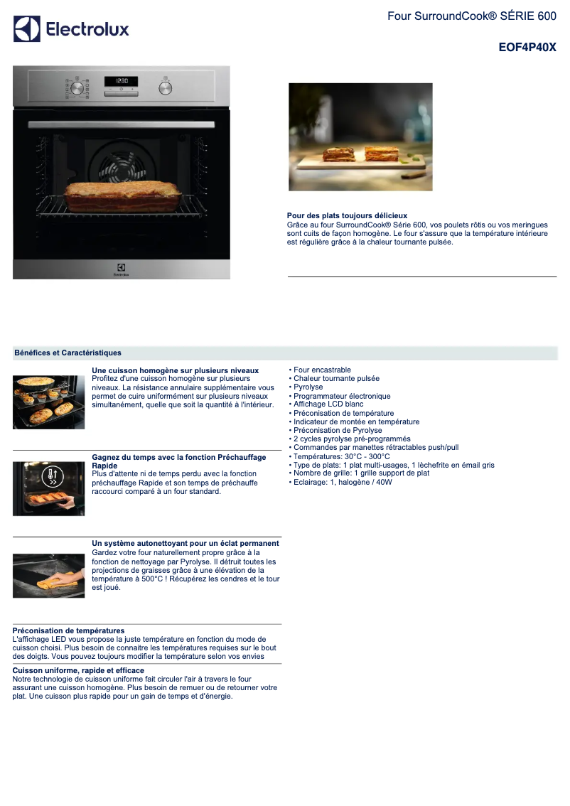 Page 1 de la notice Fiche technique Electrolux EOF4P40X