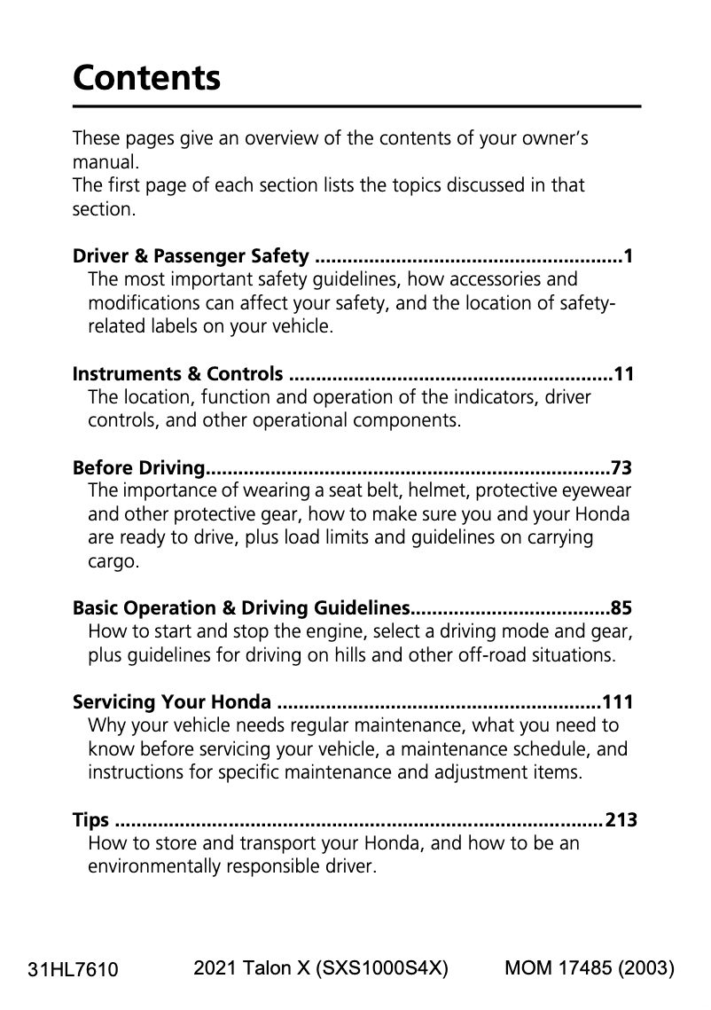 Página 1 del manual Manual de usuario Honda Talon 1000X (2021)