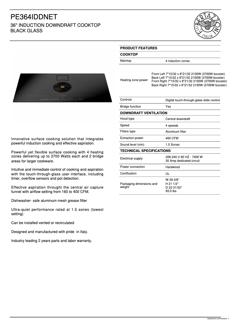 Page n°1 - Fiche technique Bertazzoni PE364IDDNET
