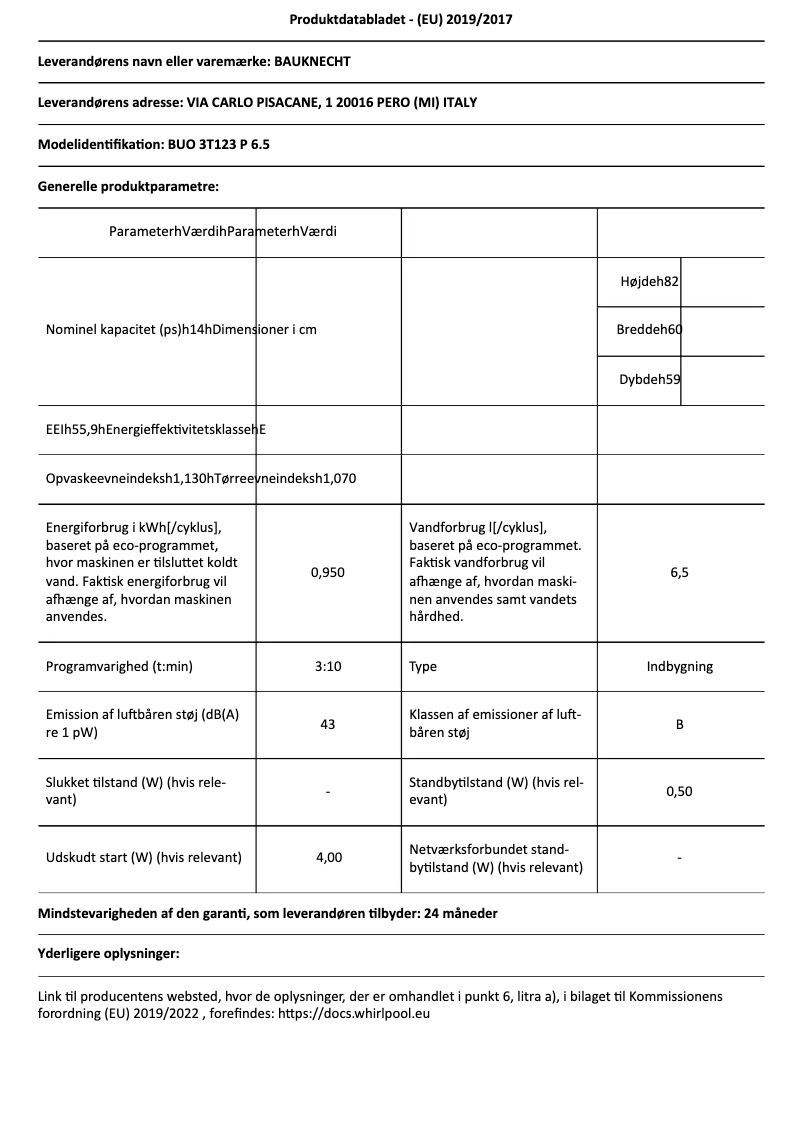 Page 1 de la notice Fiche technique Bauknecht BUO 3T123 P 6.5