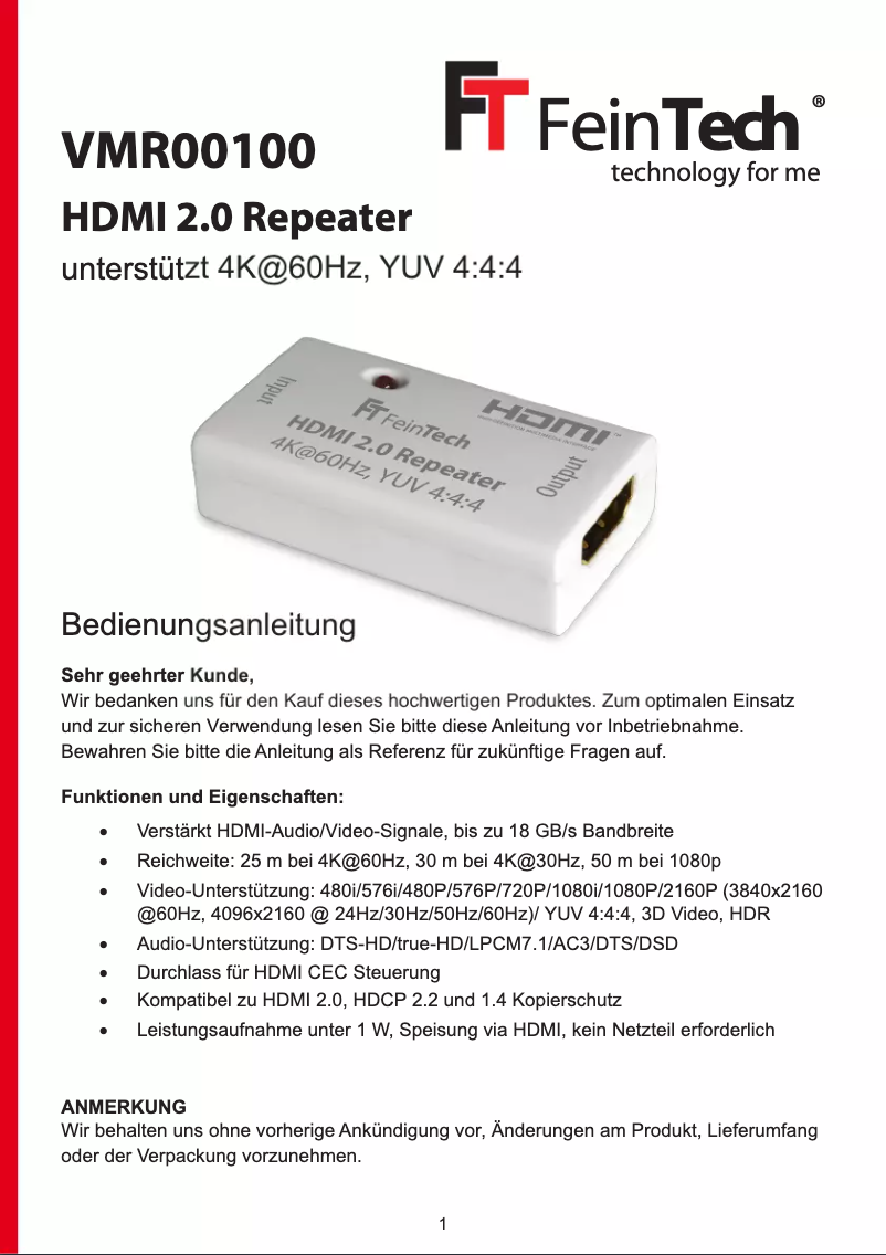 Page 1 de la notice Manuel utilisateur FeinTech VMR00100