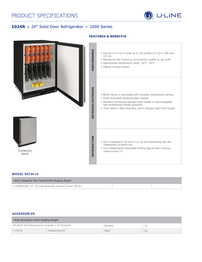 Page 1 de la notice Fiche technique U-Line U-1024R