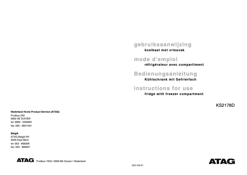 Page 1 de la notice Manuel utilisateur Atag KS2178DUU-A01