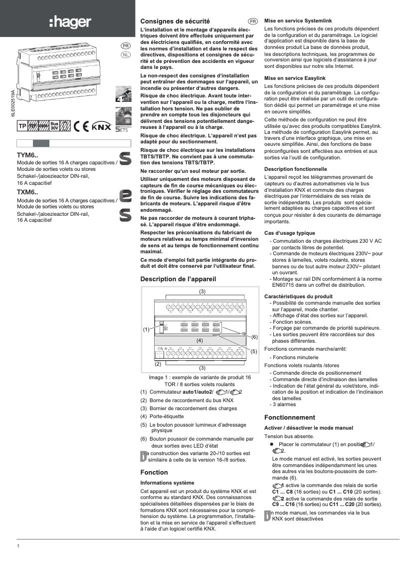 Page 1 de la notice Instructions / montage Hager TXM620D