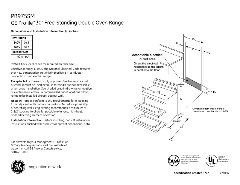Page n°1 - Fiche technique GE Profile PB975SMSS