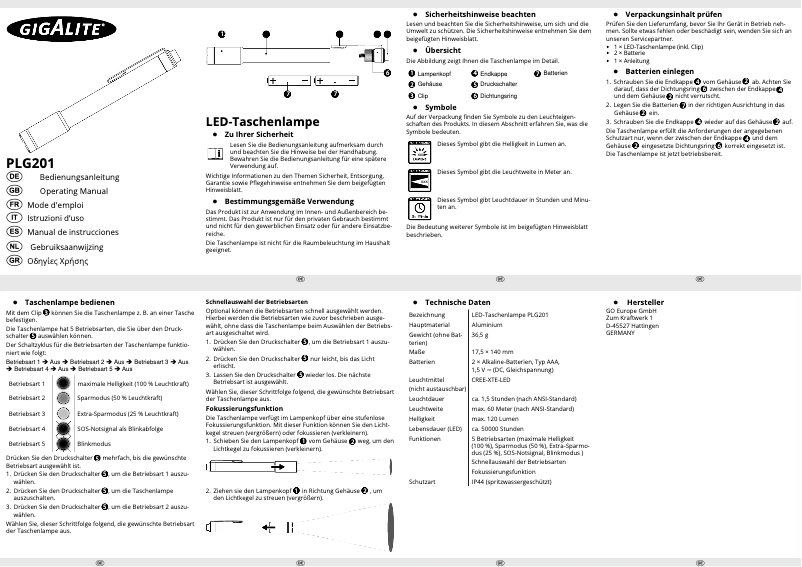 Page n°1 - Manuel utilisateur Gigalite PLG201