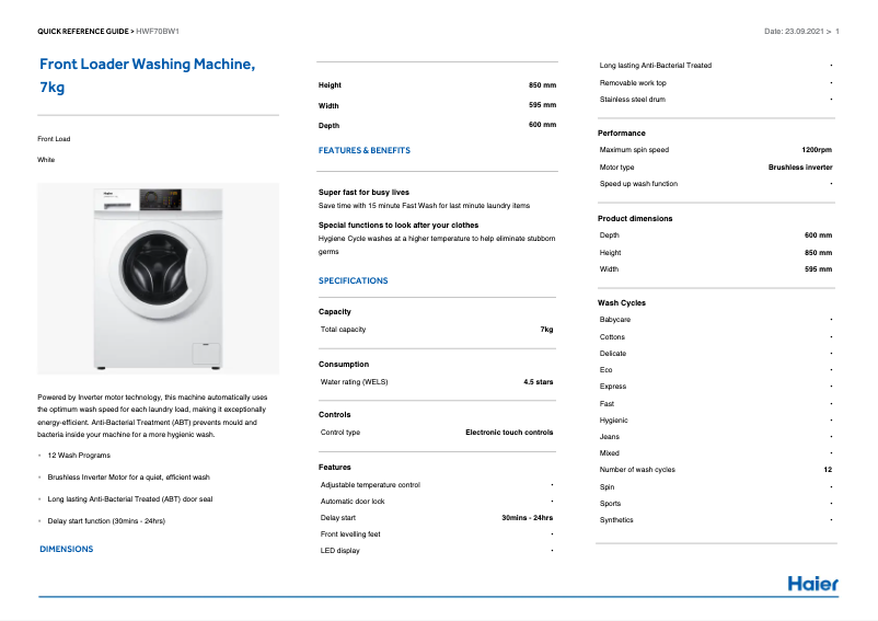 Page 1 de la notice Manuel utilisateur Haier HWF70BW1