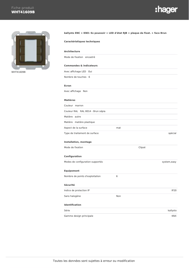 Page 1 de la notice Fiche technique Hager WHT41609B