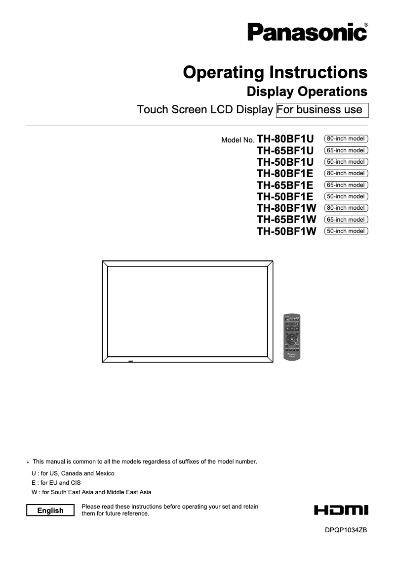 Page 1 de la notice Manuel utilisateur Panasonic TH-65BF1E