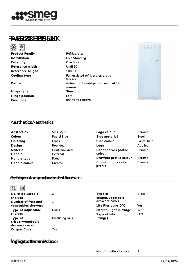 Page 1 de la notice Fiche technique Smeg FAB28LPB5UK
