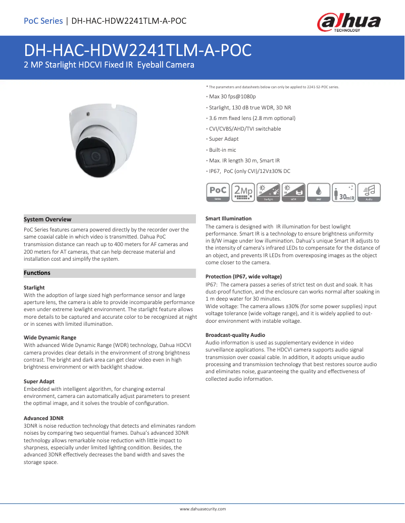 Page n°1 - Fiche technique Dahua Technology HAC-HDW2241TLM-A-POC