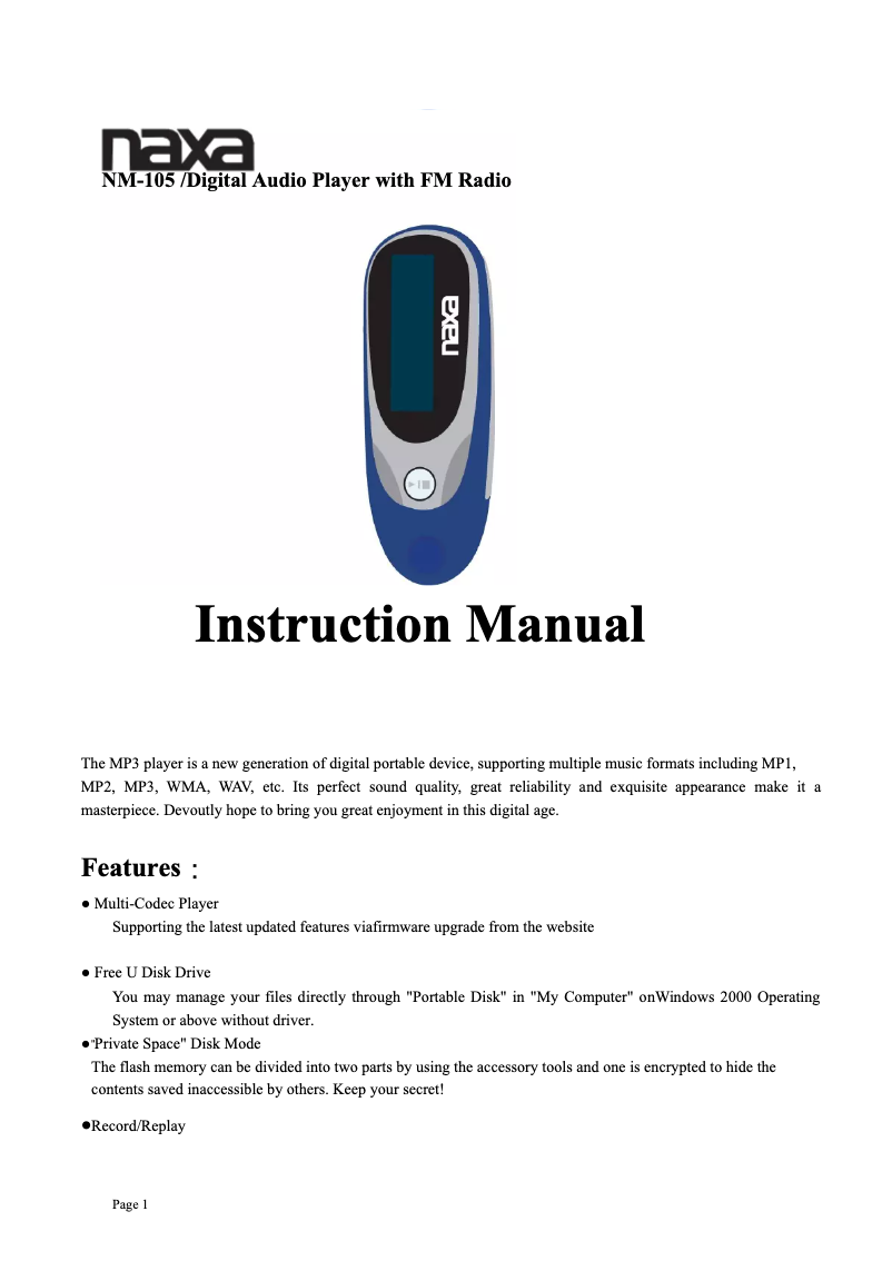 Page 1 de la notice Manuel utilisateur Naxa NM-105