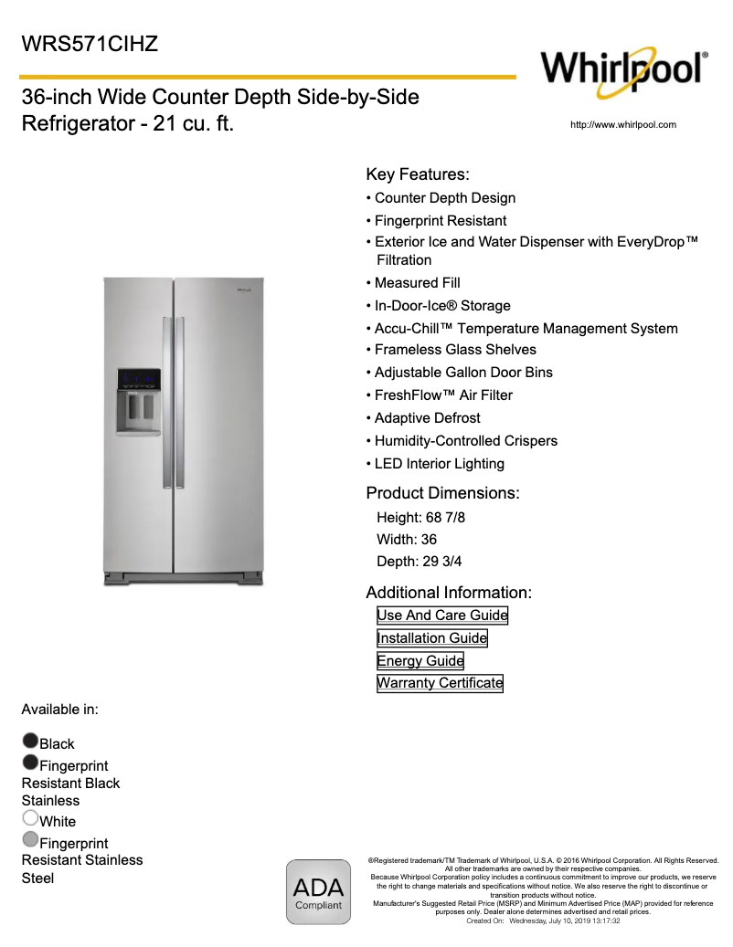 Page 1 of the manual Technical Sheet Whirlpool WRS571CIHB