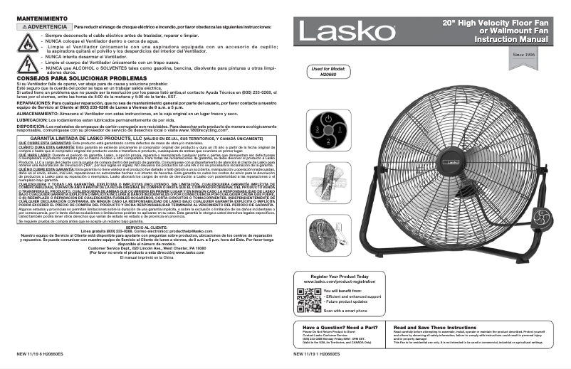 Page 1 de la notice Manuel d'utilisation et d'entretien Lasko H20660