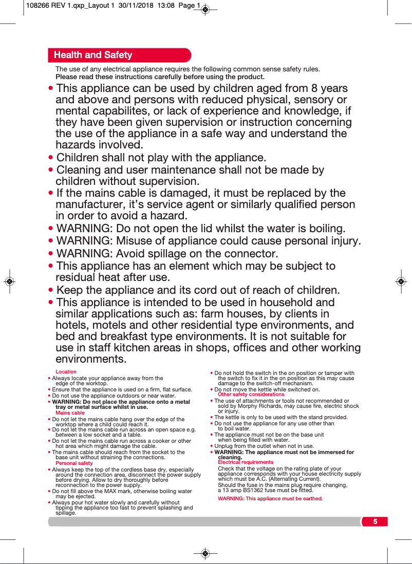 Page 1 de la notice Manuel utilisateur Morphy Richards 108266