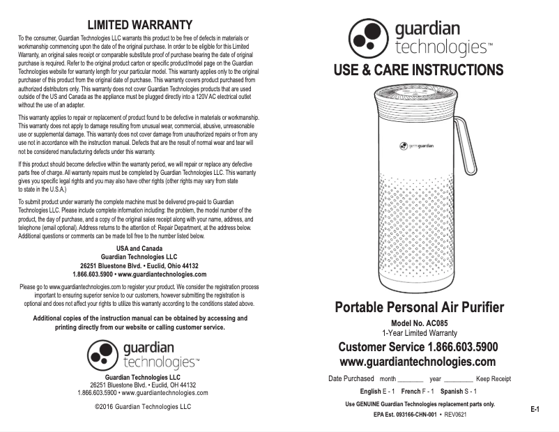 Page 1 de la notice Manuel utilisateur Guardian AC085