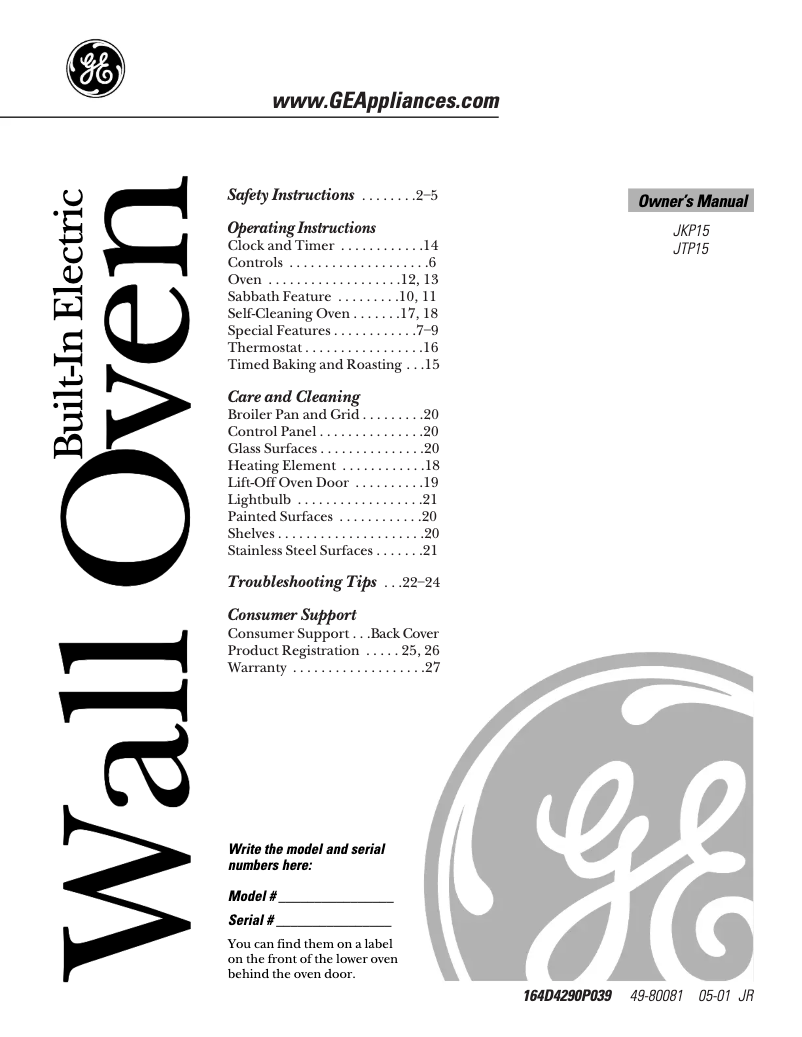 Page 1 de la notice Manuel d'utilisation et d'entretien GE JTP15SDSS