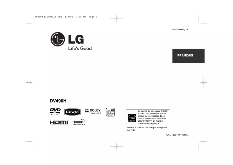 Page 1 de la notice Manuel utilisateur LG DV490H
