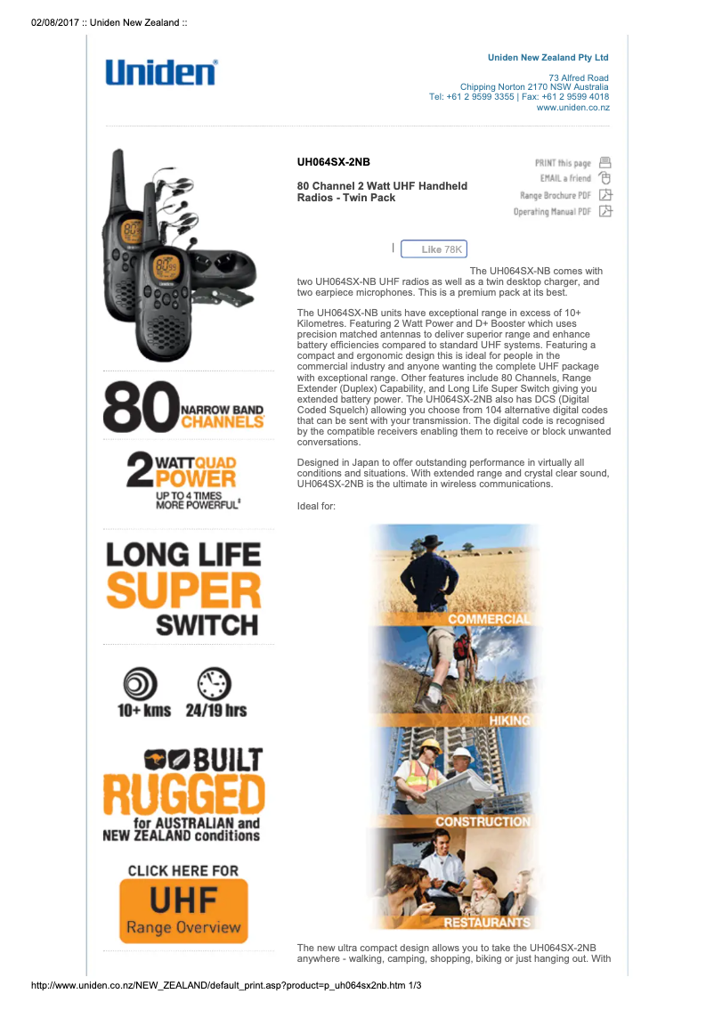 Page 1 de la notice Manuel utilisateur Uniden UH064SX-2NB