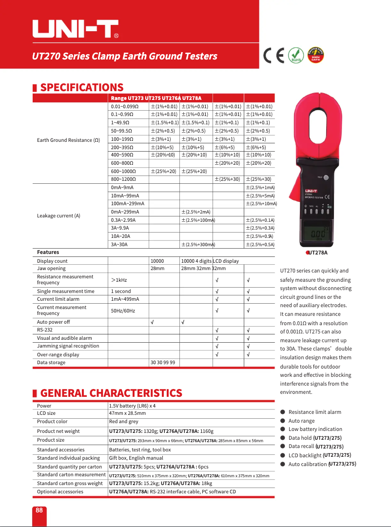 Page 1 de la notice Manuel utilisateur Uni-T UT278A