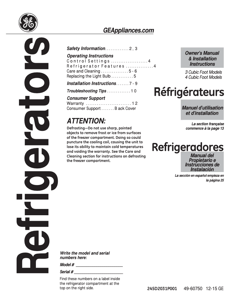 First page image of the manual for GDE03GGKBB