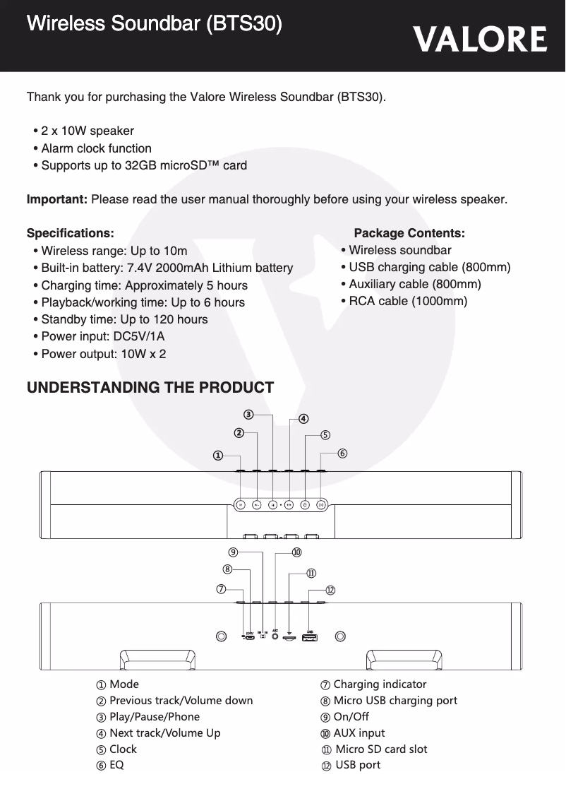 Page n°1 - Manuel utilisateur Valore BTS30