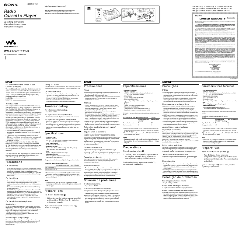 Image de la première page du manuel de l'appareil Walkman WM-FX242ST