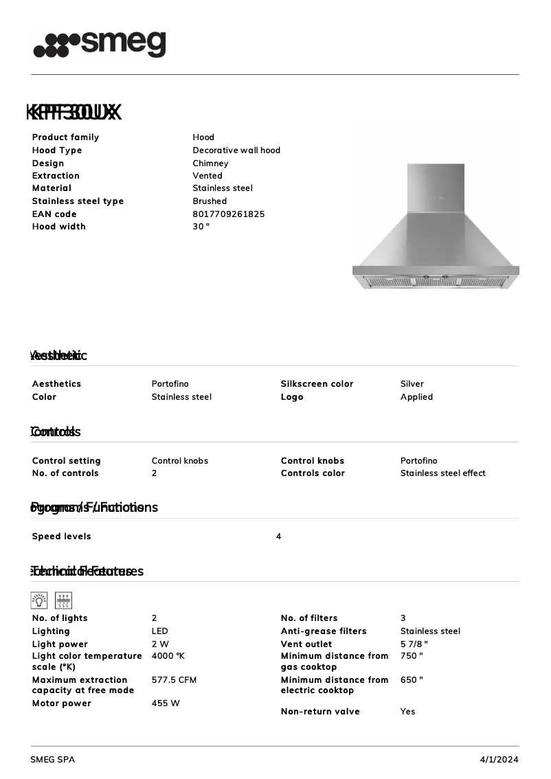 Page n°1 - Fiche technique Smeg KPF30UX