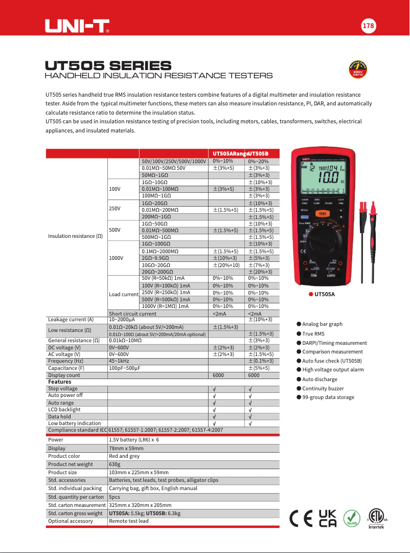 Page n°1 - Fiche technique Uni-T UT505B