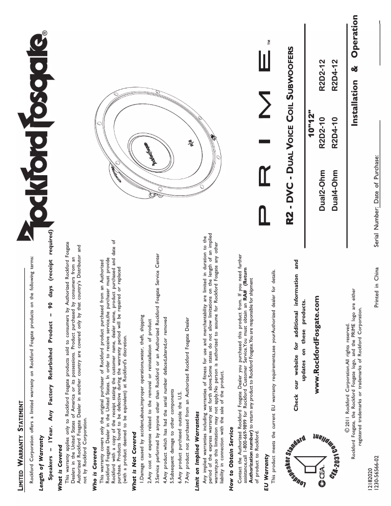 Page 1 de la notice Manuel utilisateur Rockford Fosgate Prime R2D4-10