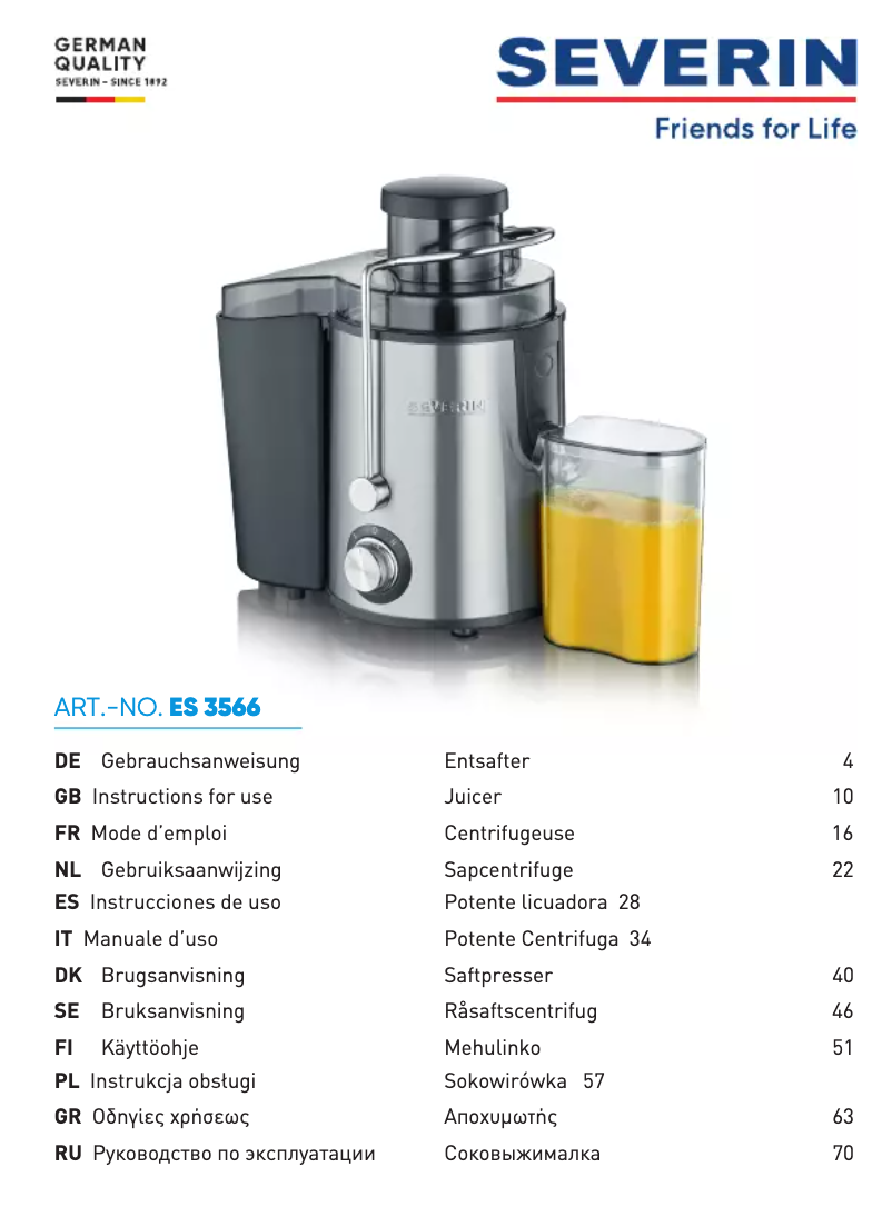 Page 1 de la notice Manuel utilisateur Severin ES 3566