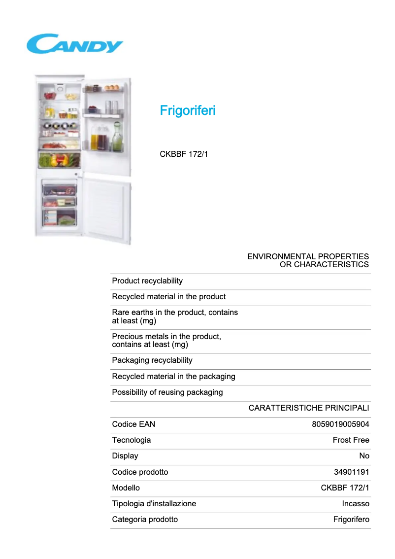 Page 1 de la notice Fiche technique Candy CKBBF 172/1