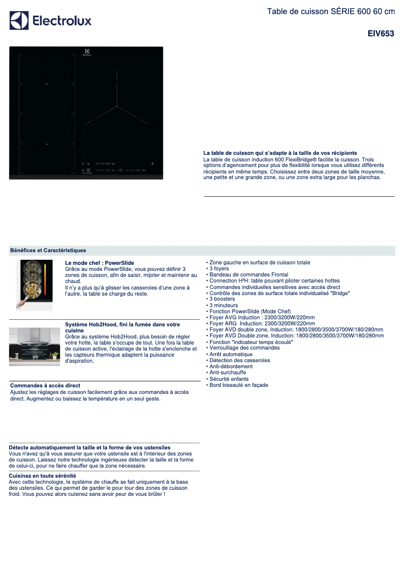 Page 1 de la notice Fiche technique Electrolux EIV653