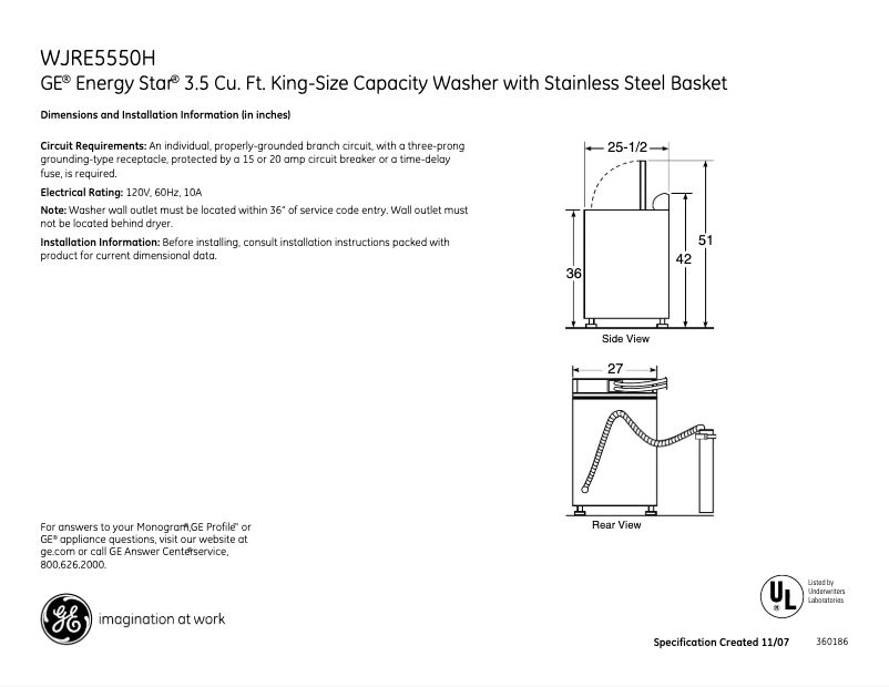 Page 1 de la notice Fiche technique GE WJRE5550HWW