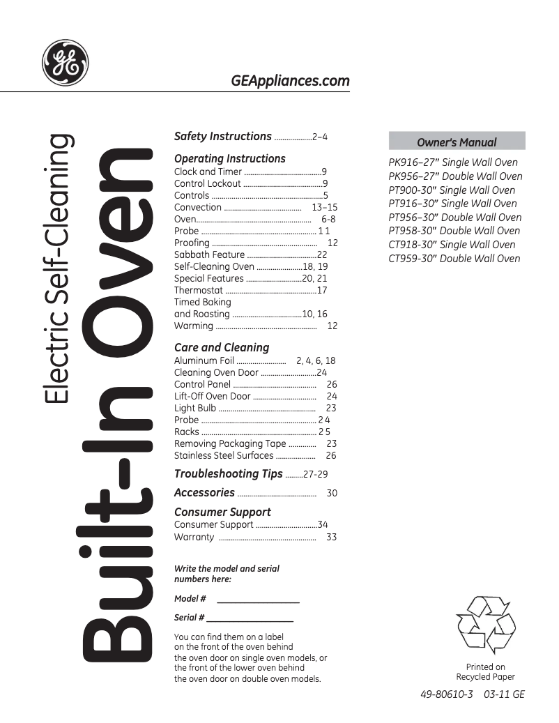 Page n°1 - Manuel d'utilisation et d'entretien GE CT918STSS